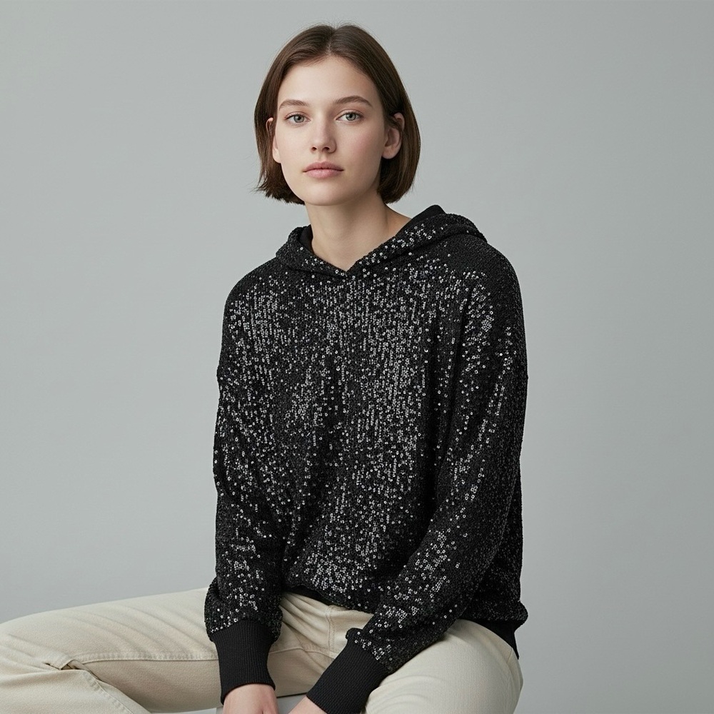 INC International Concepts Sequin-Front knit Hooded Sweater Long Sleeve Black